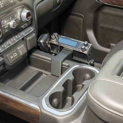 Radio Mount | 2019-2023 Silverado Sierra With Full-Length Center Floor Console (Square Pocket Between Cup Holders)
